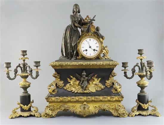A 19th century French bronze, ormolu and black marble mantel clock, by C. Detouche, 12.5in.
